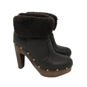 Elie Tahari Womens Ankle Boots Brown Leather Shearling Wood Block Heel Zip 9